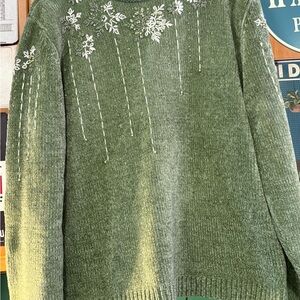 Alfred Dunner Olive Floral Knit Sweater